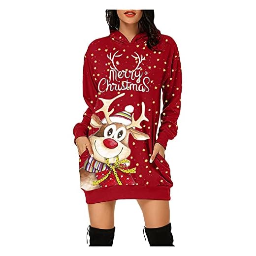 Hanxiulin Kersttrui voor dames, print, casual jurken, kerstjurk, pullover, capuchon, bedrukt, herfst, ronde hals, pullover, oversized sweatshirt tuniek, tops met zakken, rood, XXL