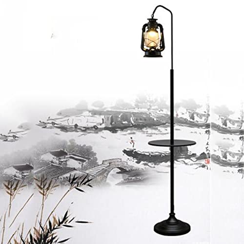 Lámpara de pie para habitación con bandeja y luz industrial de vidrio y metal
