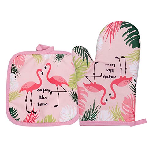 Lot de 2 gants de cuisine en coton résistant à la chaleur pour cuisine, cuisson, cuisson, grill, flamant rose, 03, glove+ Cover