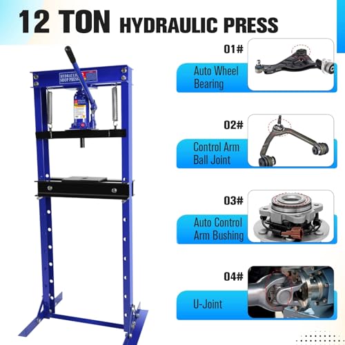 Image of Hydraulic Shop Press 12T, H-Frame Bearing Shop Press, Adjustable Garage Shop Press with 2 Press Plates, Adjustable Working Table Height, Blue