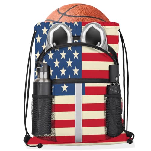 American USA Flag Drawstring Backpack with Water Bottle Pocket Lightweight String Bag 4th of July Sports Gym Swim Sackpack for Men Women3