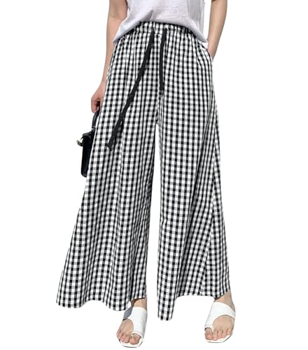 chouyatou Women's Plaid Wide Leg Culotte Pants Gingham High Elastic Waisted Cropped Palazzo Pants with Pockets