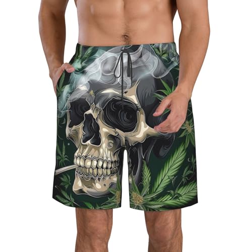 Skull Cannabis Leaf Psychedelic Marijuana Hippie Weed Men's Quick Dry Swim Shorts, Mesh Lined Beach Trunks with Pockets4