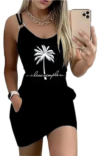 Image of Women's Live Simple Coconut Tree Color Block Mini Dress Spaghetti Strap Halter Strap Sleeveless Mini Dress with Pockets