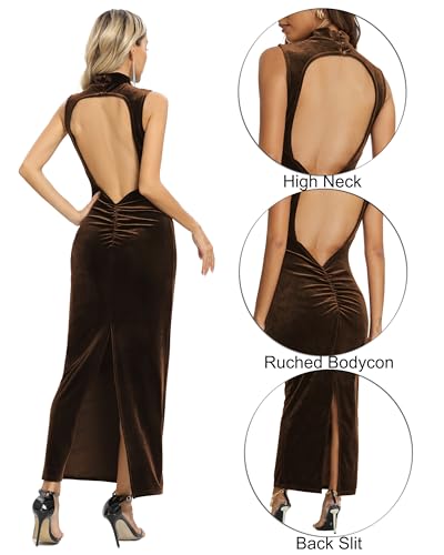 Capuffy Women Backless Velvet Maxi Dress Back Slit Ruched Bodycon Formal Dress High Neck Cocktail Party Dress 0913