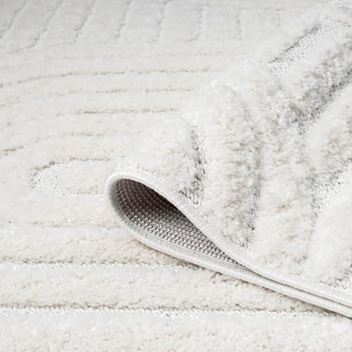 carpet city Teppich Wohnzimmer Hochflor Creme - 120 cm Rund - Hochtief-Muster, 3D-Effekt Geometrisch - Bettvorleger Schlafzimmer Teppiche Boho, Skandi