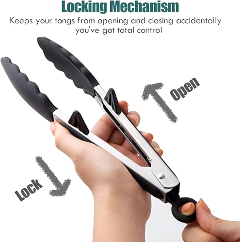 Image of YOMITH Stainless Steel Kitchen Tongs with Silicone Head, Nonstick Food Grade Cooking Tweezer Chimta for Buffet Multi Purpose Food Serving Tools (Black, 3 PCS Set)