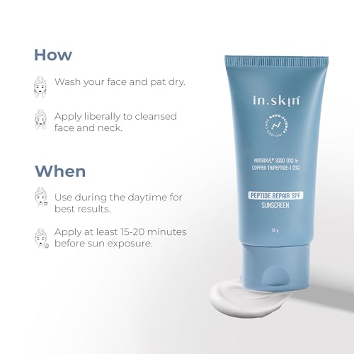 Image of in.skin Peptide Repair SPF 50 PA++++ Sunscreen | Broad Spectrum UV Protection with Matrixyl 3000 & Copper Peptide | Lightweight, Non-Greasy |For Oily, Acne-Prone & Sensitive Skin (50 gm)