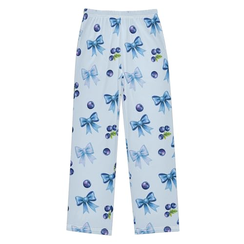 Blueberry with Blue Bows Pajama Pants Lounge Sleep Pants Elastic Waist Long Pajama Bottoms with Pockets for 6-14 Years