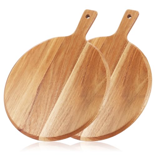 CYEER 2Pcs Pizza Board, 12 Inch Round Wooden Chopping Boards Wood Cutting Board with Handle, Cheese Board Bread Boards Food Serving Board for Pizza, Cheese, Fruits, Vegetables, Bread