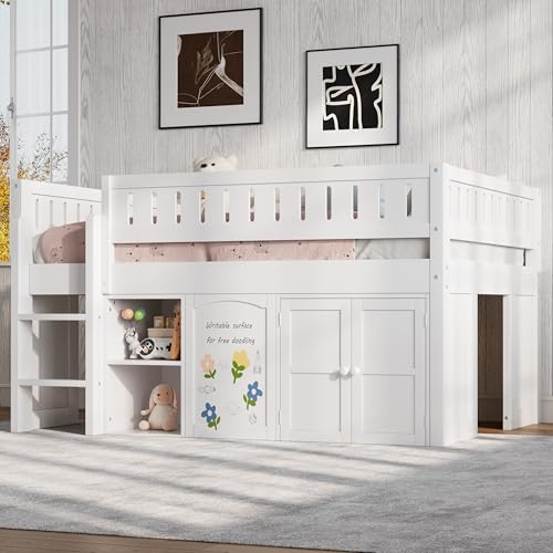 Image of Full Size Loft Bed with Storage Cabinet and Chalkboard Panel, Solid Wood Frame - Space-Saving Design for Kids /Teens Bedroom (White-A1)
