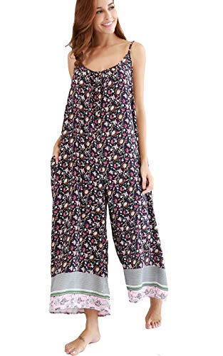 BUENOS NINOS Women's V Neck Floral Wide Leg Pants Boho Printed Adjustable Spaghetti Strappy Long Jumpsuit with Pockets Pink M