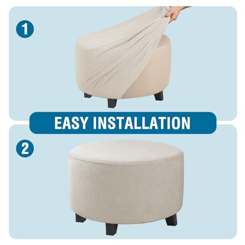 Image of H.VERSAILTEX Ottoman Cover Stretch Ottoman Slipcover Round Ottoman Storage Cover Folding Stool Covers Furniture Protector Cover for Footrest Ottoman Fit Dia 30 inch - 41 inch, Natural