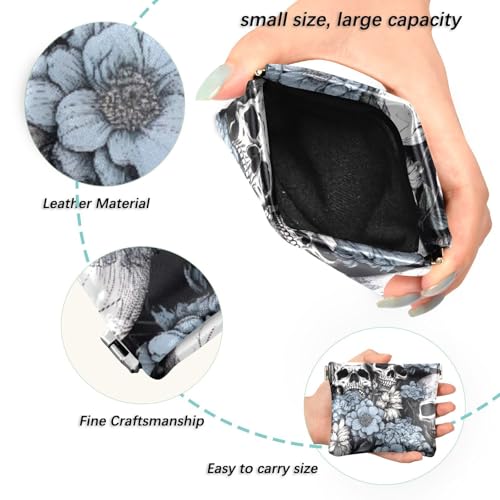 Skull Flowers Coin Purse Leather Pouch Change Purse, Squeeze Coin Pouch for Cards, Keys & Lipsticks, Unisex2