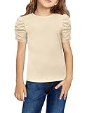 Arshiner Girls Puff Short Sleeve Shirt Rib Knit Blouse Tops Summer Shirts Beige 9-10 Years