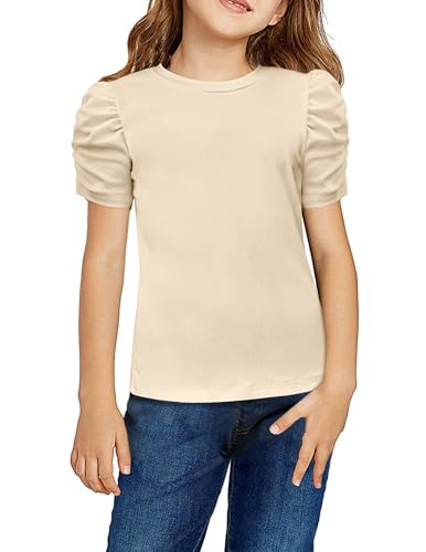 Image of Arshiner Girls Puff Short Sleeve Shirts Summer Ribbed Knit Crewneck T Shirt Tops Tee Blouse