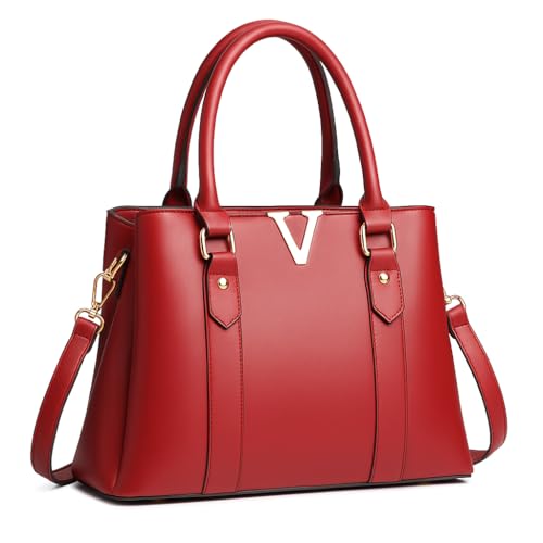 Image of Women's Handbag Tote Bag Premium PU Leather Shoulder Bag with Top Handle & Detachable Strap - Stylish Large Capacity Purse for Office, Casual & Party Use (MaroonV)