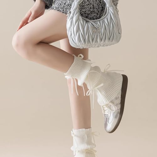 Image of Leg warmers Y2k Wind with bow lace-up knit Harajuku Kawaii leg warmers accessories 80's vintage high leg socks