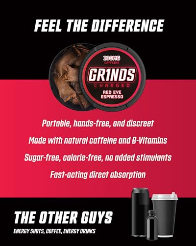 grinds coffee pouches  tobacco free nicotine free healthy alternative  3 cans 12 pouches per can  4x caffeine 100mg per pouch red eye espresso