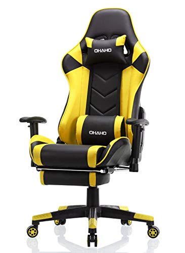 Ohaho Gaming Chair Racing Style Office Chair Adjustable Massage Lumbar Cushion Swivel Rocker Recliner Leather High Back Ergonomic Computer Desk Chair With Retractable Arms And Footrest (Black/Yellow) #TOP1