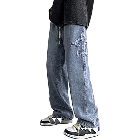 Men's Streetwear Jeans Y2K Hip Hop Jeans Casual High Waisted Wide Leg Baggy Embroidery Harajuku Denim Pants (as1, Alpha, x_l, Regular, Regular, 005-Blue) Cover