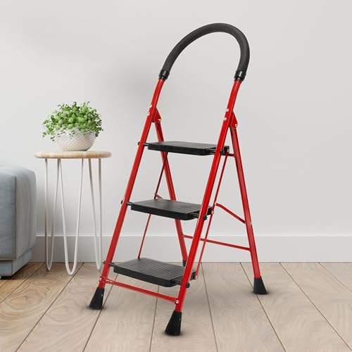 Image of Zolmix Premium Steel Ladder, Stairs for Home, Foldable 3 Step Ladder, Sidi, Safety Clutch Lock, Anti Slip Steps, Knee Guard, Firm Grip, Anti Skid, Durable, Heavy Duty, Lader 5 Years Warranty - Red