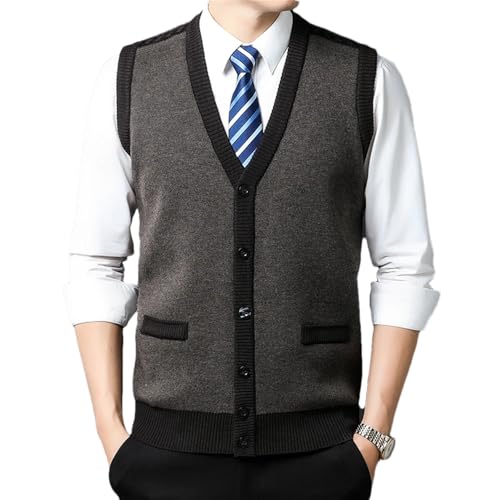 2024 Men's Cardigan Vest Autumn Business Casual Fashion Knitted Sweater Vest Warm V-Neck 18709-brown gray Asian Size 4XL(190)#Asian Size 4XL(190)