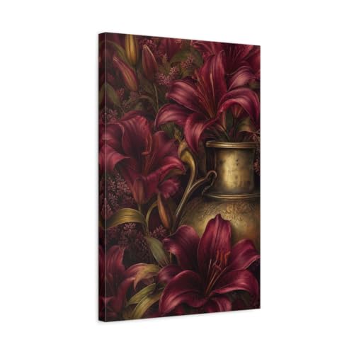 Tableau sur toile lys rouge et or 16x24 pouces décoration murale verticale pour salon moderne