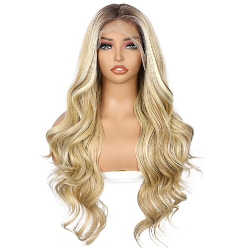 Sapphirewigs Highlight Blonde Lace Front Wig Synthetic Body Wave 13x4 Ombre Blonde Balayage Synthetic Lace Front Wigs for Women Party Date Daily Wear Christmas Natural Looking 26 inch - Image 2