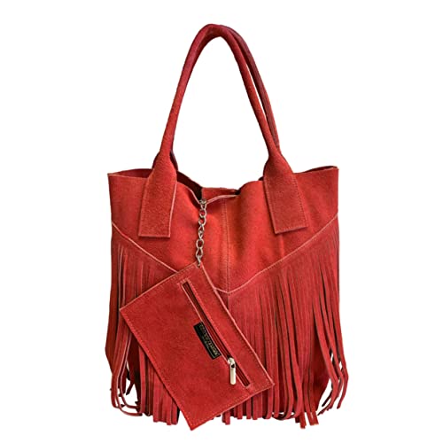 Modarno Bolso shopper para mujer de piel auténtica de ante con flecos más estuche para joyas del mismo color - Bolso de mano - Bolso de hombro, rojo Modarno Bolso shopper para mujer de piel auténtica de ante con flecos más estuche para joyas del mismo color - Bolso de mano - Bolso de hombro, rojo