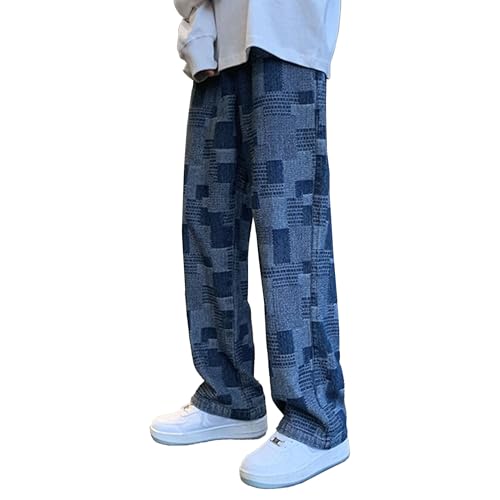 Baggy Jeans for Men Patchwork Wide Leg Denim Pants Y2K Streetwear Checkerboard Style Casual Look