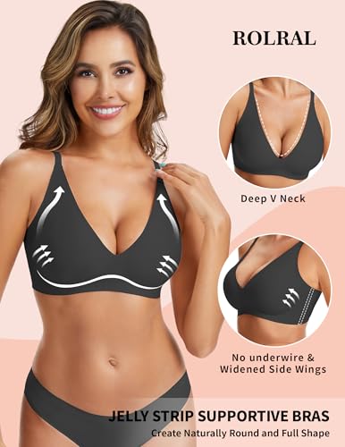 Image of Womens Deep V Wireless Bra No Underwire Seamless Comfort Support Tshirt Push Up Bralette for Everyday /Sleep
