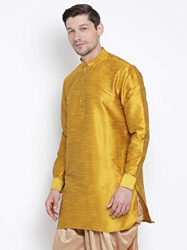 Image of VASTRAMAY VM Mens Silk Blend Mustard Kurta - Elegance for Festivals & Events | Curved Shape Pathani Style Men Silk with slight Cotton mix, Mid Length Kurta | Classic Design, Premium Comfort