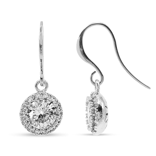 Elegant Halo Round Cubic Zirconia with ear wire dangle earrings, Wedding bridesmaid Earrings Gift