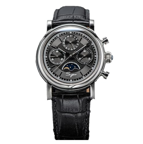 Chronographe Mécanique Seestern Sugess montre homme bracelet cuir saphir date noir
