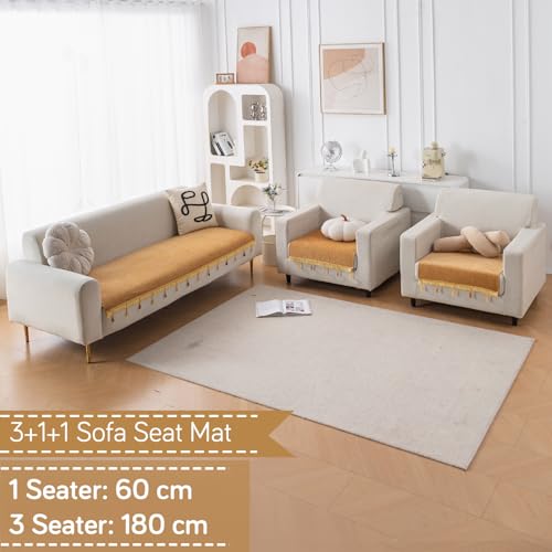 Image of HOKIPO 'Serenity Tassel' Chenille Sofa Cover 5 Seater Set with Tassels - Washable 3+1+1 Sofa Cover Mat | Sunlit Amber (IN-890 * 2 + IN-892 - GLD)