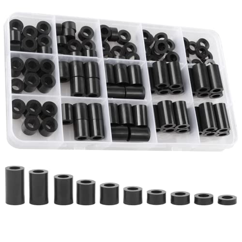 Image of Exqutoo Black ABS Round Washers ID 6.2mm,OD 11mm, 3mm 4mm 5mm 6mm 8mm 10mm 15mm 18mm 20mm Length, Assortment Kit, Non-Threaded, Suitable for M6 Screws Hardware Spacer Bracket