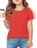 Arshiner Girls Puff Shirts Short Sleeves Tops Crewneck Blouse for Girls Red Gold Glitter Sleeves Kids Summer Outfits 11-12 Years