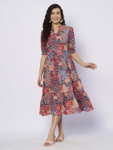 Image of PIDAVLIYA'S Women Cotton Printed Midi Dress with V Neck & Puff Sleeves | Flared A-Line Casual Summer Dress | Stylish Knee Length One Piece for Daily