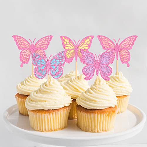 Cyodoos Pack Of 24 Butterfly Cupcake Toppers Double Layers 3D Butterfly Baby Shower Cupcake Food Picks Decorations For Butterfly Theme Wedding Anniversary Kids Birthday Party Supplies - Pink Glitter #TOP4