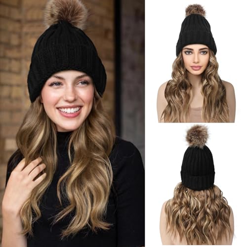 REECHO Warm Knitted Beanie Hat with 12" Beach Wavy Synthetic