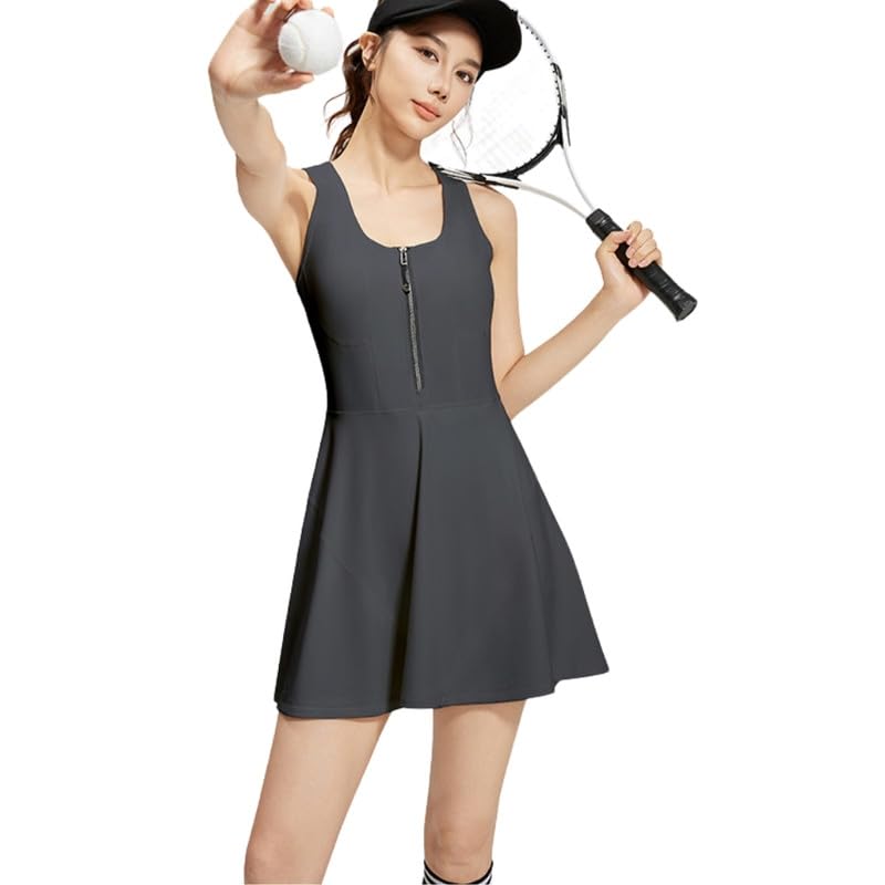 fierre shann Zippered One-Piece Sports Dress, Sleeveless Round Neck Solid Color Outdoor Running and Fitness Dress Gray-picture-31