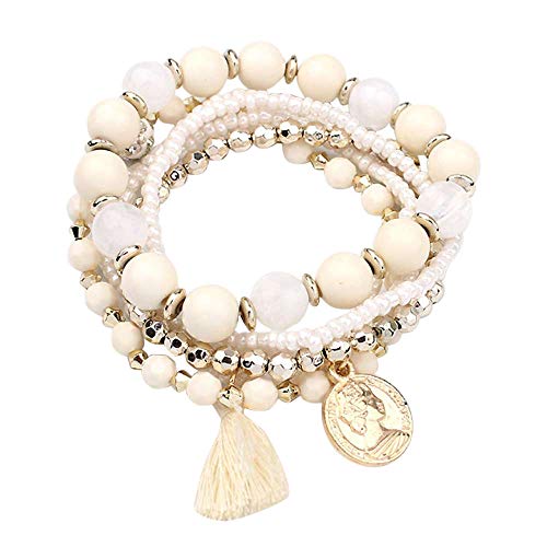 Multi Layer Bead Bracelet - Colorful Stacking Beaded Strand Stretch Cuff Statement Bangles Set - Fringed Multilayer Pearl Bracelet