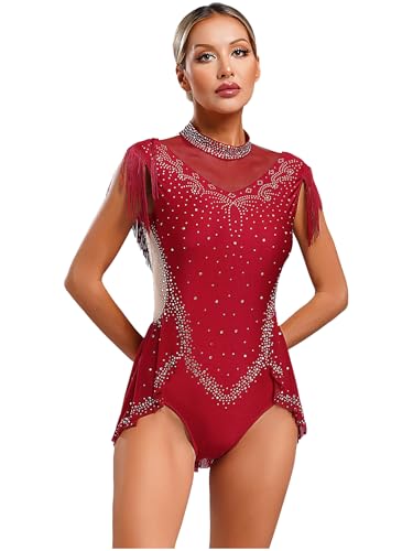 Yhong Maillot de ballet para mujer, con flecos, para danza, gimnasia, ballet, leotardo, competición, bailarinas, disfraz de rendimiento, granate, M