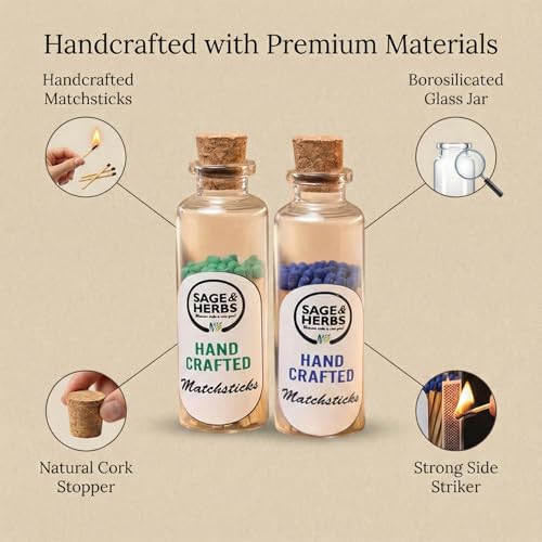 Image of Sage & Herbs Small Matchstick Combo Pack | Blue & Green Head Matchstick | in a Borosilicated Cork Jar with a Striker | Combo Pack | 80 Match Sticks | Multipurpose use for Home, Office, Home Temple