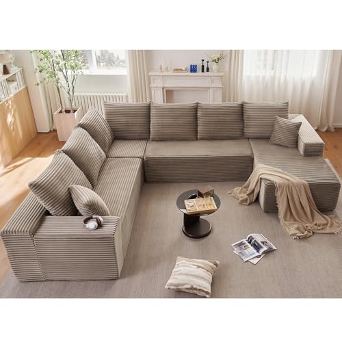 Image of Sectional Cloud Couch with L-Shape Chaise, Modern Modular Comfy Sofa with Deep Seat, Upholstered Corduroy Couches Stupendous U Shaped Sofas for Living Room Bedroom, No Assembly Required, Camel