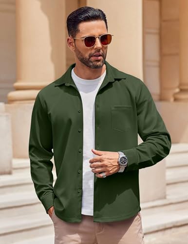 COOFANDY Button Down Shirt Men Casual Long Sleeve Untucked Shirts for Men Stretch Dress Shirt with Pocket Army Green COOFANDY Button Down Shirt Men Casual Long Sleeve Untucked Shirts for Men Stretch Dress Shirt with Pocket Army Green - Image 3