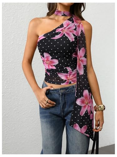 Image of RoseSeek Women's Y2K Leopard Polka Dots Halter Asymmetrical Neck Crop Tops