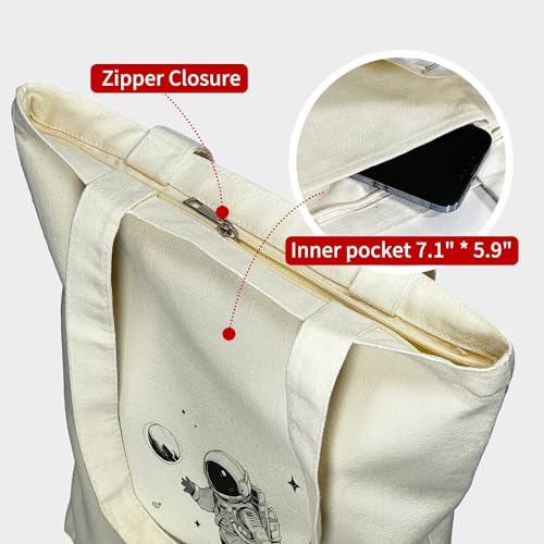 Image of itgowisa Canvas Tote Bag with Zipper Pocket, Reusable Grocery Bag for Daily