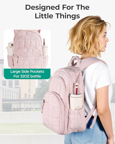 Image of BAGSMART College Laptop Backpack, Travel Backpack for Women, Quilted Casual Daypack, Water-Resistant Bookbag for 15.6 Inch Laptop, Pink